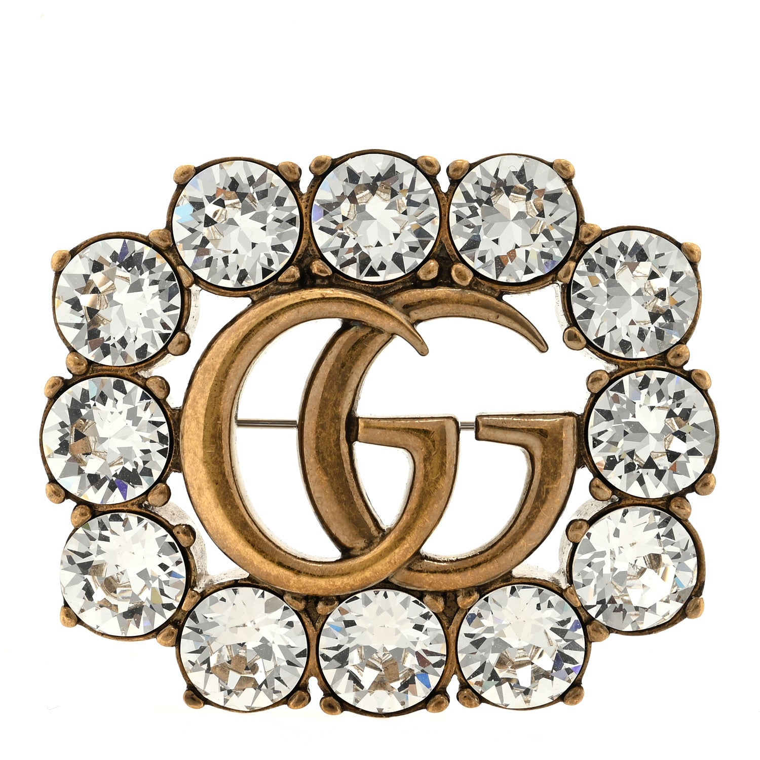 Gucci Metal Crystal Double G Brooch Aged Gold 1 of 3
