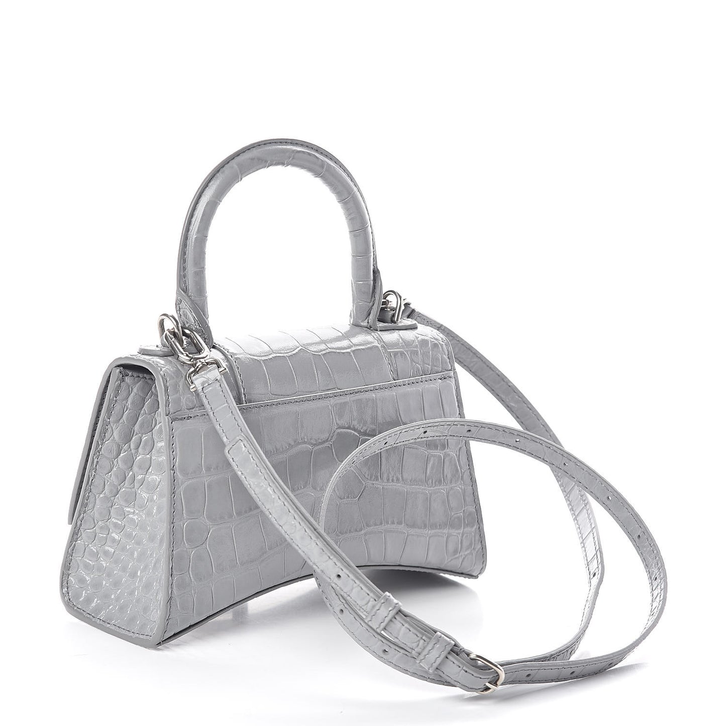 Shiny Calfskin Crocodile Embossed Hourglass Top Handle Bag XS Balenciaga Grey