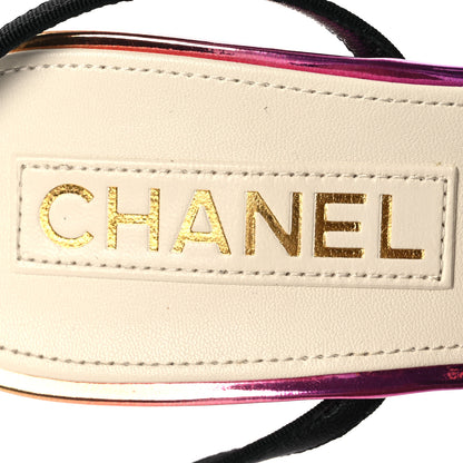 Chanel Laminated Calfskin Grosgrain Cap Toe CC Wedge Pumps 39 Pink Orange Yellow Black 9 of 13