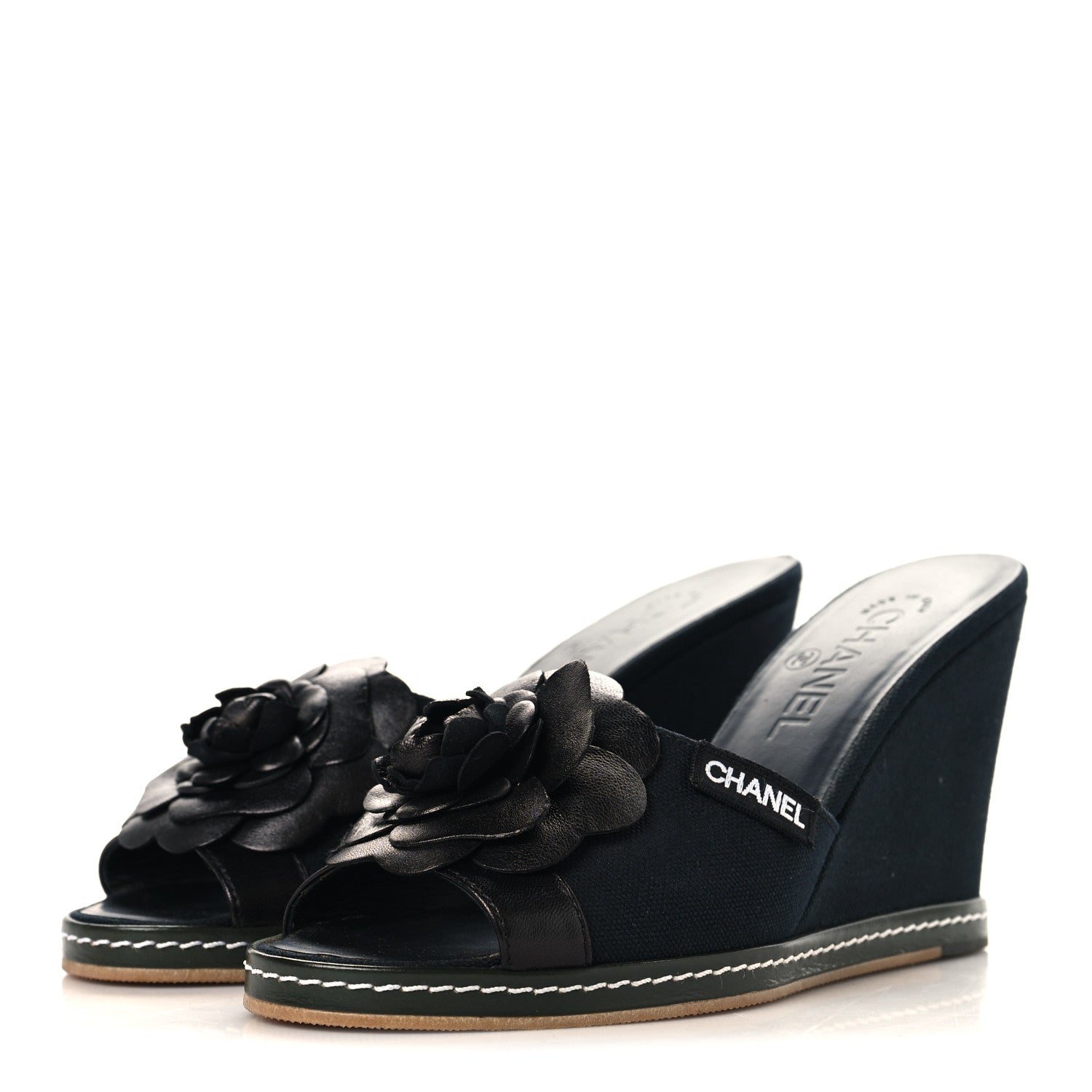 Chanel Canvas Camellia Wedge Sandals 38.5 Black 38.5 Black 4 of 11