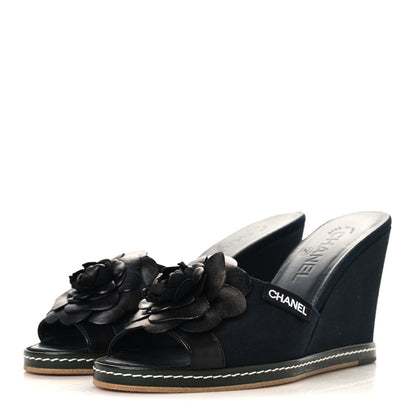 Chanel Canvas Camellia Wedge Sandals 38.5 Black 38.5 Black 4 of 11