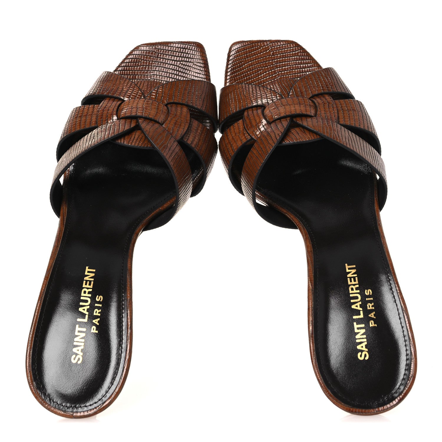 Saint Laurent Calfskin Sahara Lizard Embossed Tribute 85 Slide Sandals 37.5 Almond Brown 2 of 11