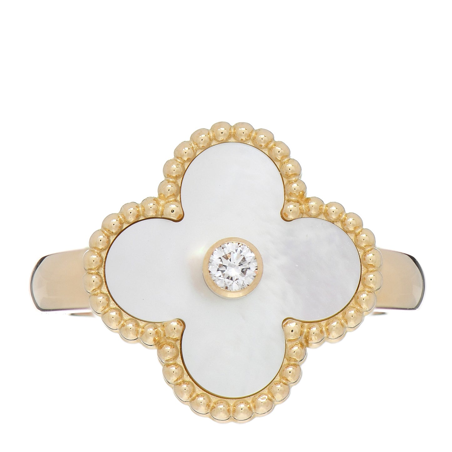 18K Yellow Gold Diamond Mother of Pearl Vintage Alhambra Ring 52 6