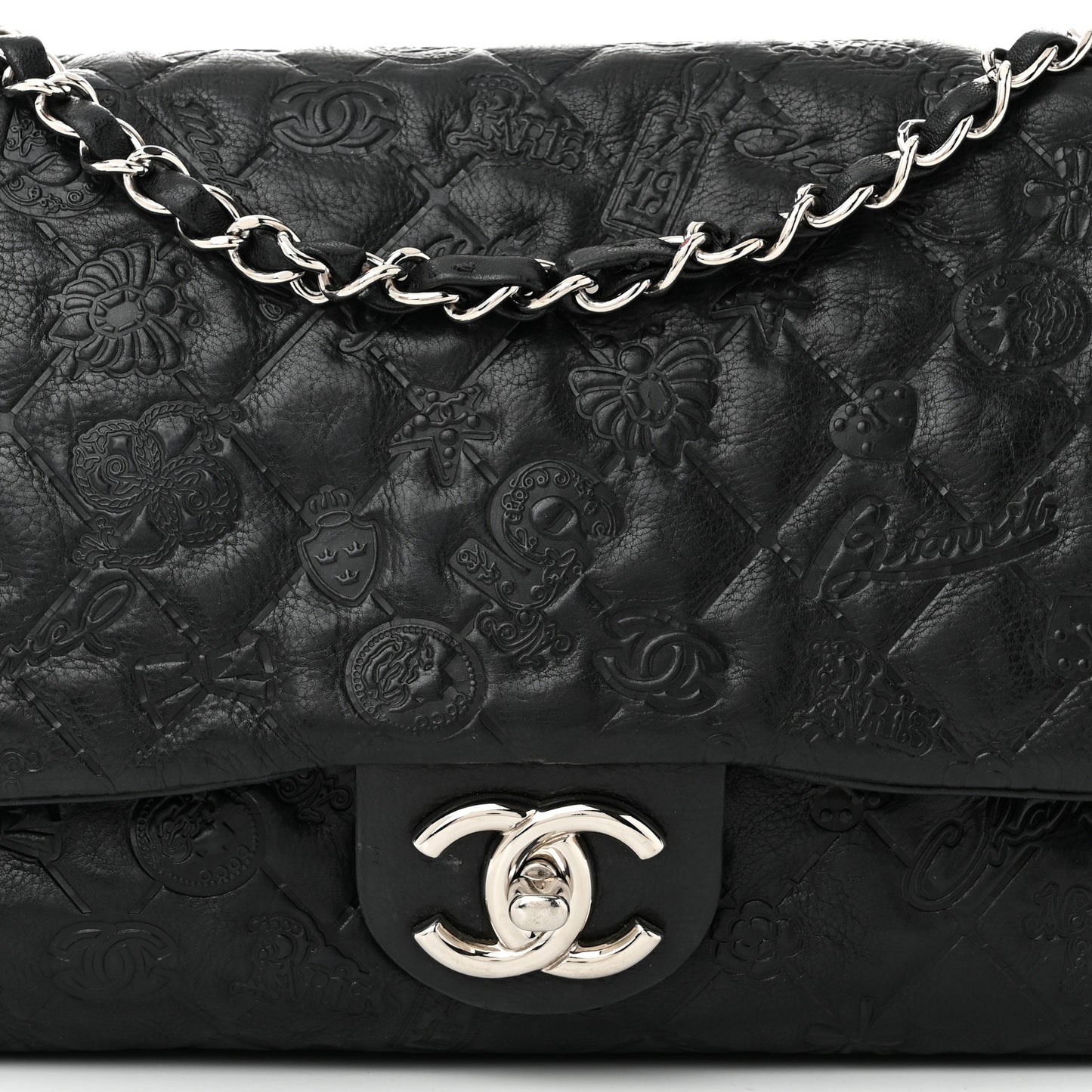 Calfskin Embossed Large Lucky Symbols Flap Black