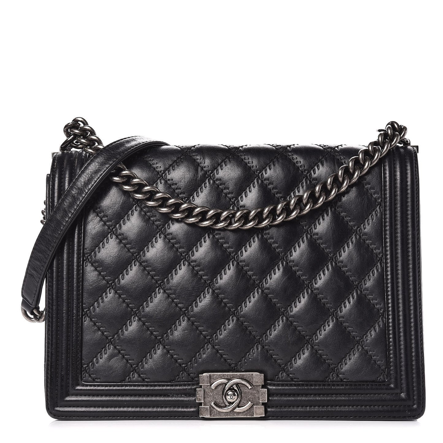 Calfskin Embossed Stitch Large Boy Flap Black