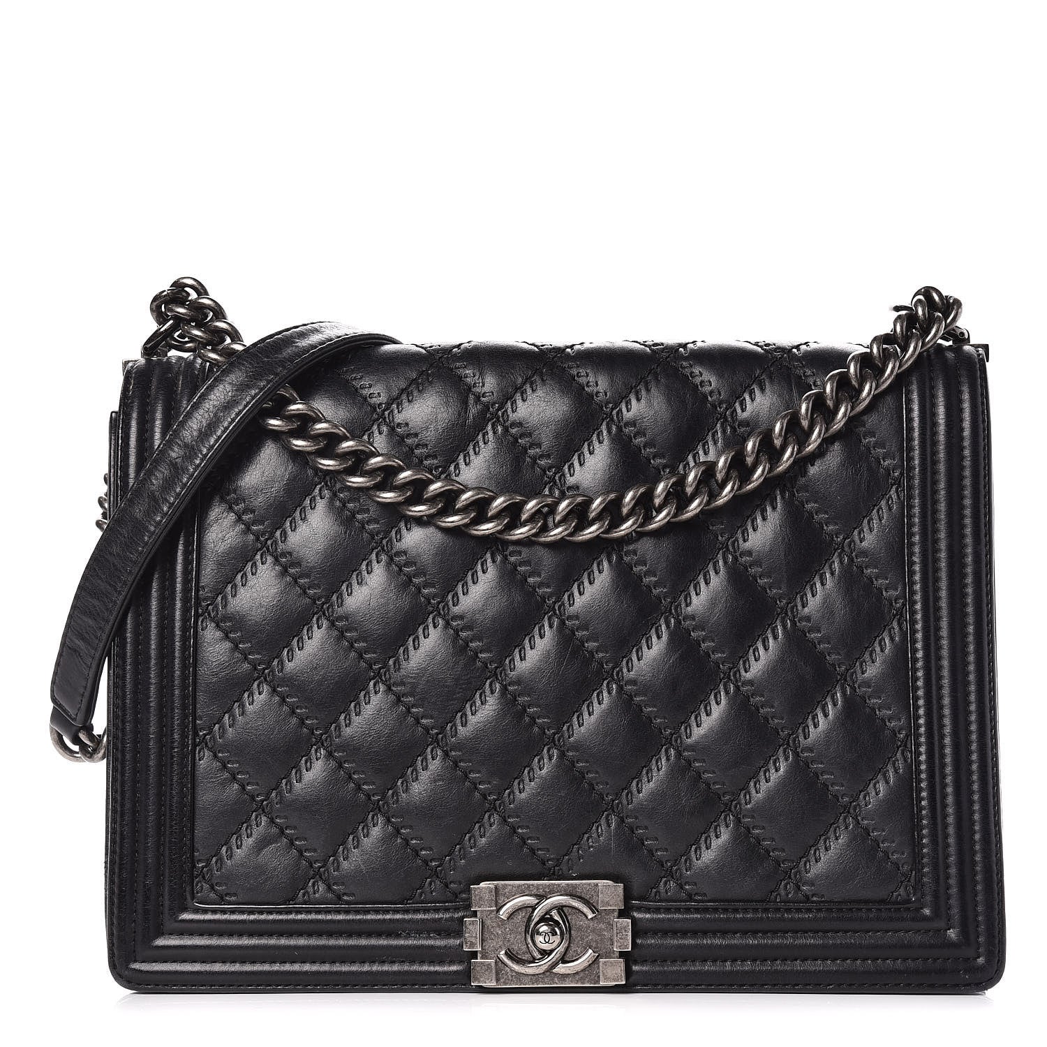 Chanel Calfskin Embossed Stitch Large Boy Flap Black 1 of 19