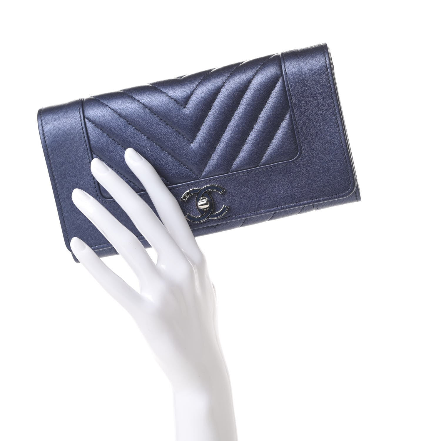 Chanel Metallic Sheepskin Chevron Quilted Mademoiselle Vintage Flap Wallet Navy 2 of 12