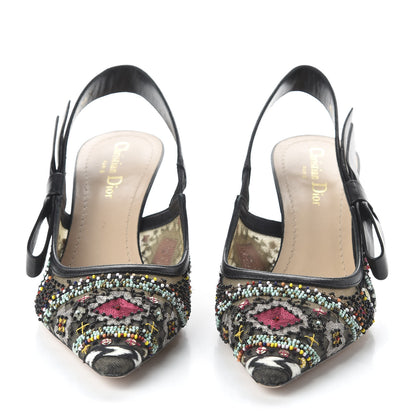 Christian Dior Embroidered Calfskin Beaded Sweet D Sling-Back Pumps 38.5 Black Turquoise 2 of 10