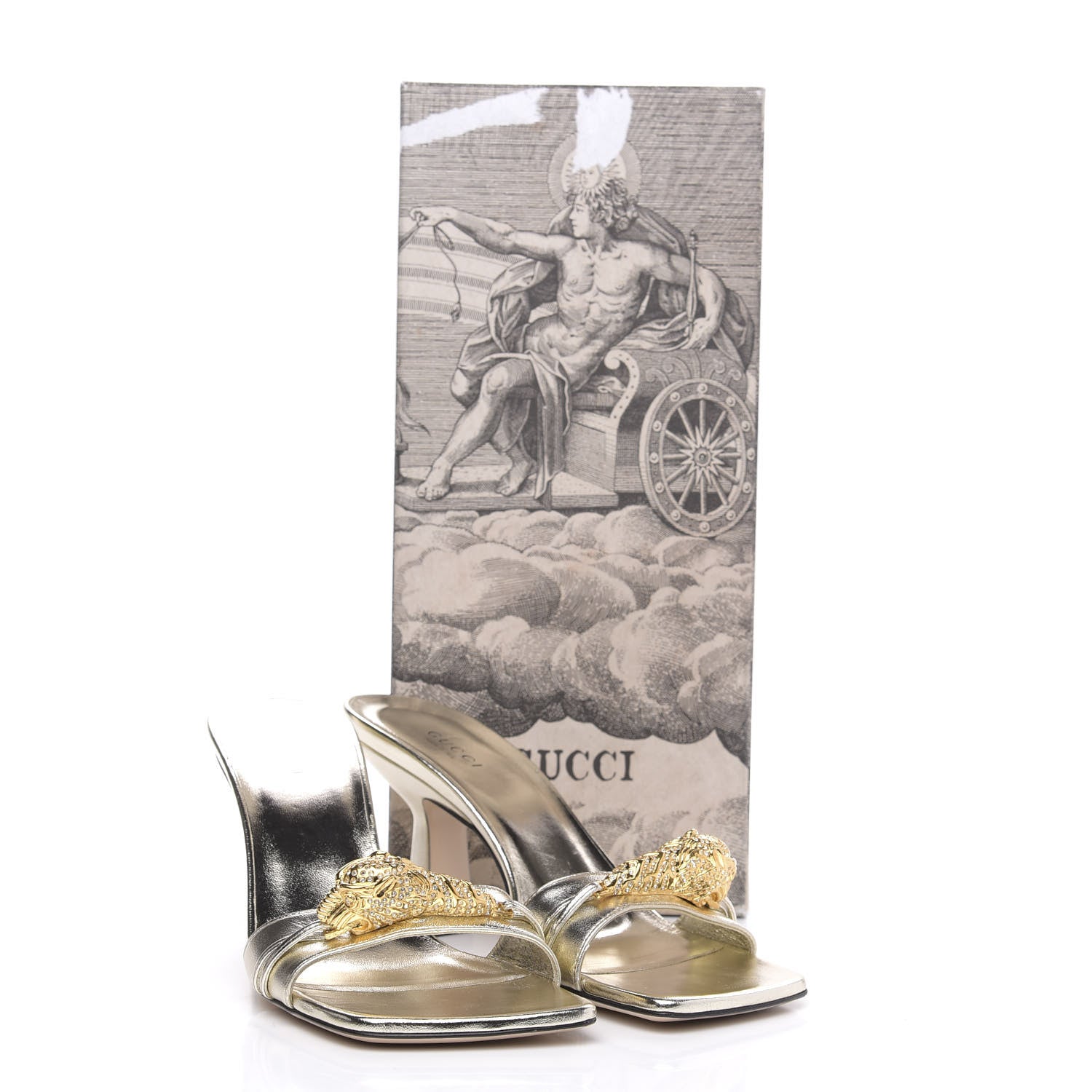 Gucci Metallic Nappa Dora Tiger Head Mid Heel Slide Sandals 38 Gold 9 of 9