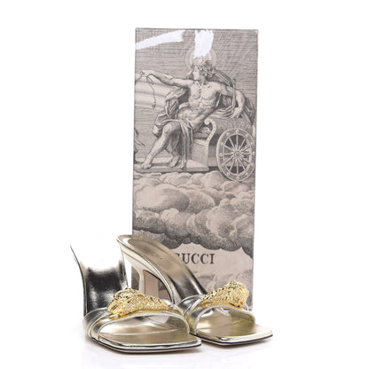 Gucci Metallic Nappa Dora Tiger Head Mid Heel Slide Sandals 38 Gold 9 of 9