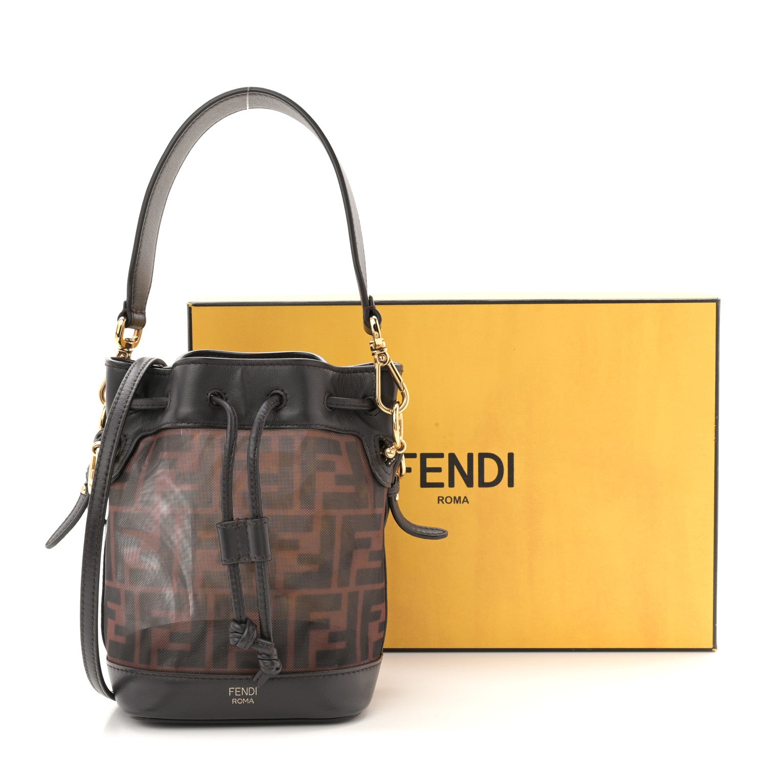 Fendi Mesh Vitello Grace F is Fendi FF 1974 Mini Mon Tresor Bucket Bag Marrone Black Ebano 12 of 12