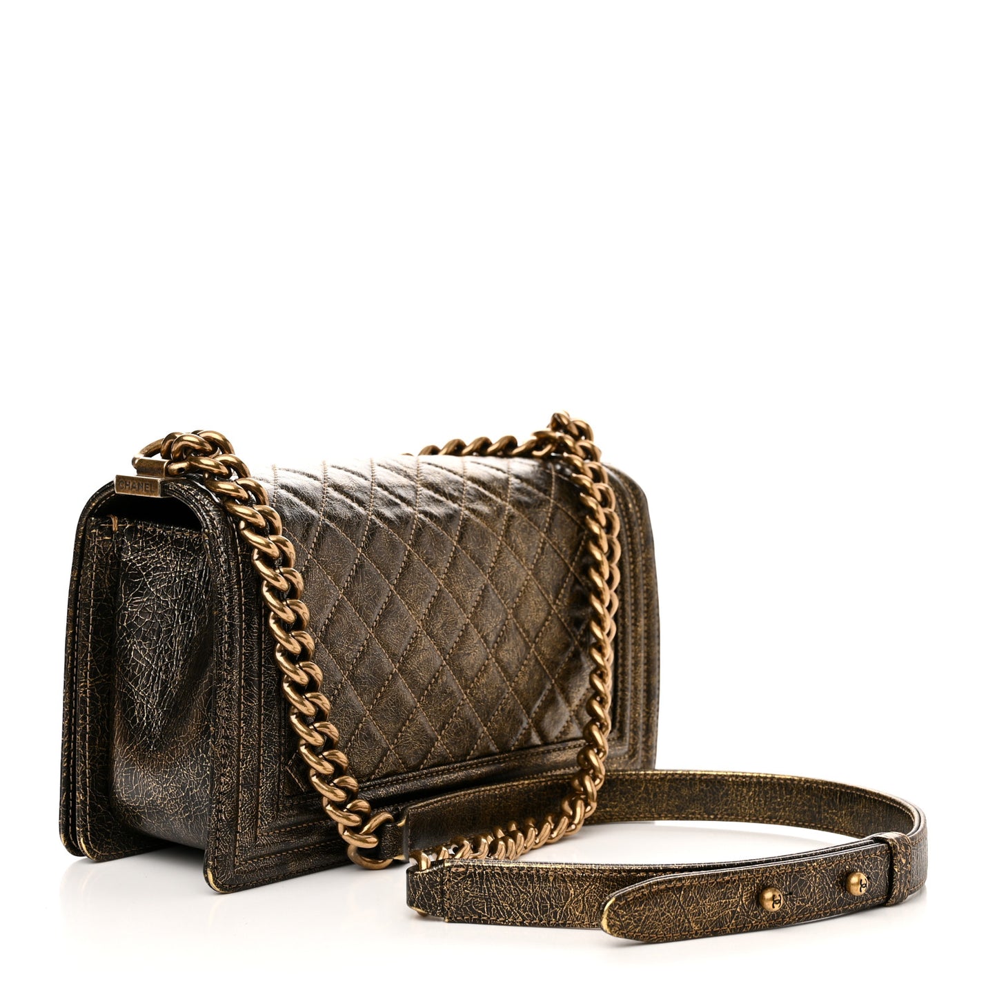 Cracked Metallic Calfskin Quilted Medium Boy Flap Gold