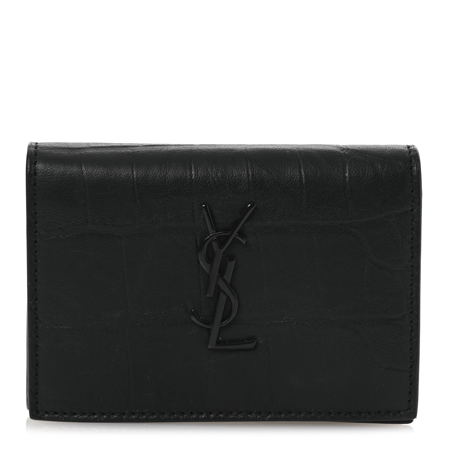 Saint Laurent Calfskin Crocodile Embossed Monogram Monochrome Business Card Holder Black 1 of 9