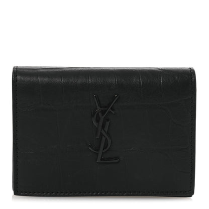 Saint Laurent Calfskin Crocodile Embossed Monogram Monochrome Business Card Holder Black 1 of 9