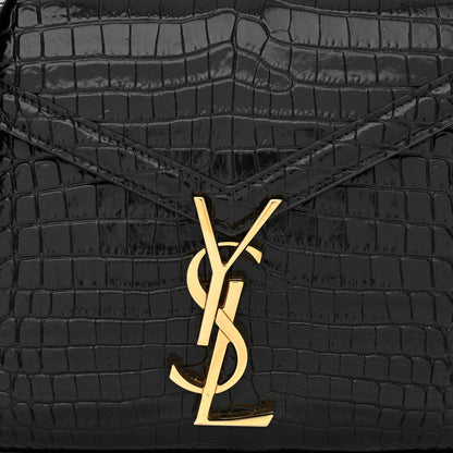 Saint Laurent Calfskin Crocodile Embossed Mini Classic Monogram Cassandra Top Handle Black 8 of 10