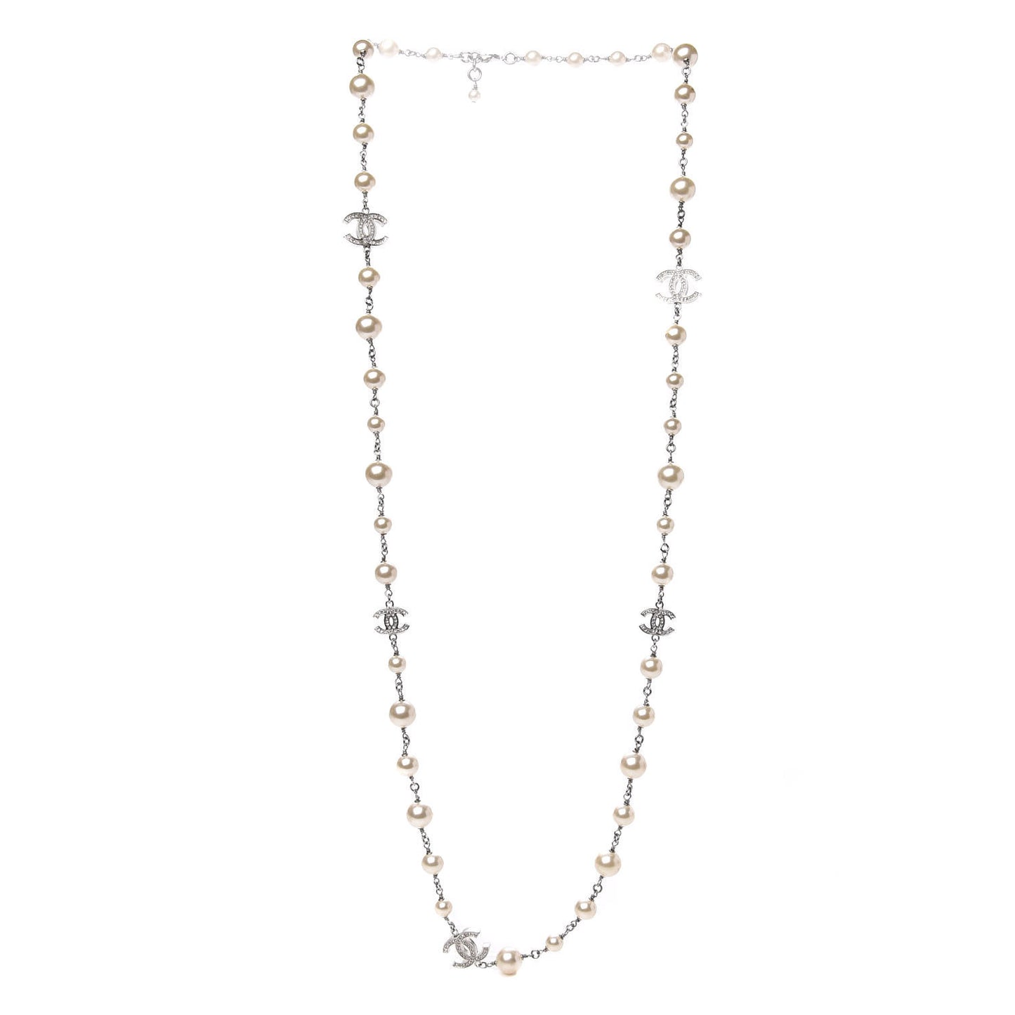 Crystal Pearl CC Necklace Silver