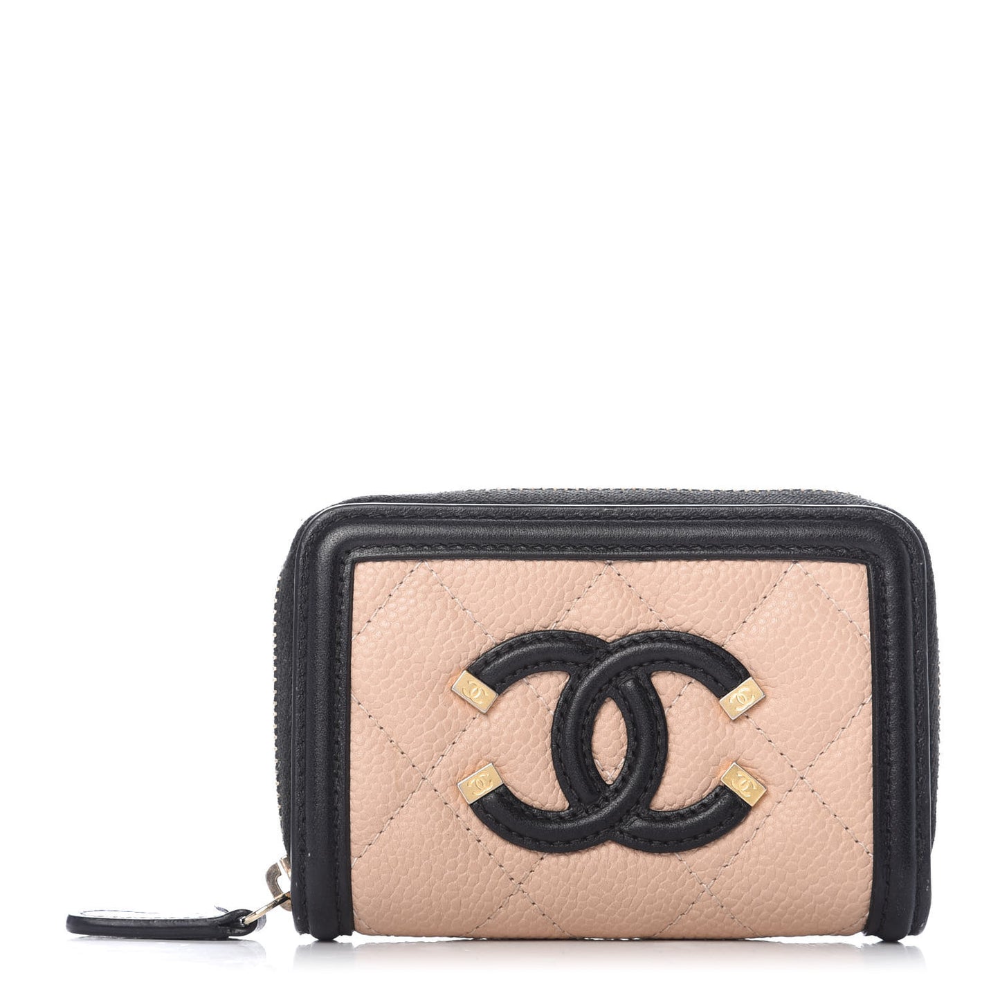 Caviar Quilted Filigree Coin Purse Beige Black
