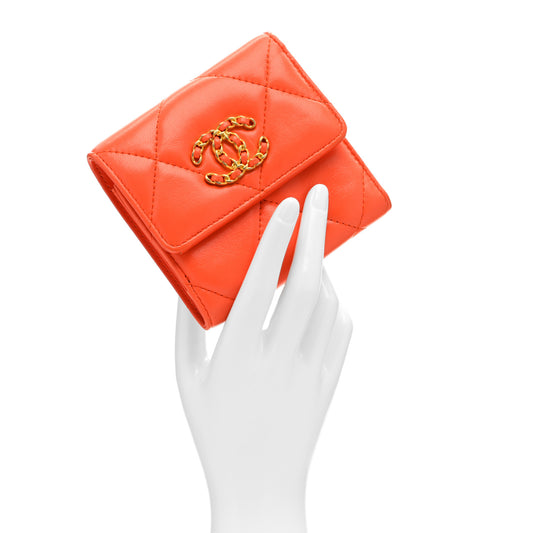 Goatskin Quilted Small Chanel 19 Flap Wallet Orange