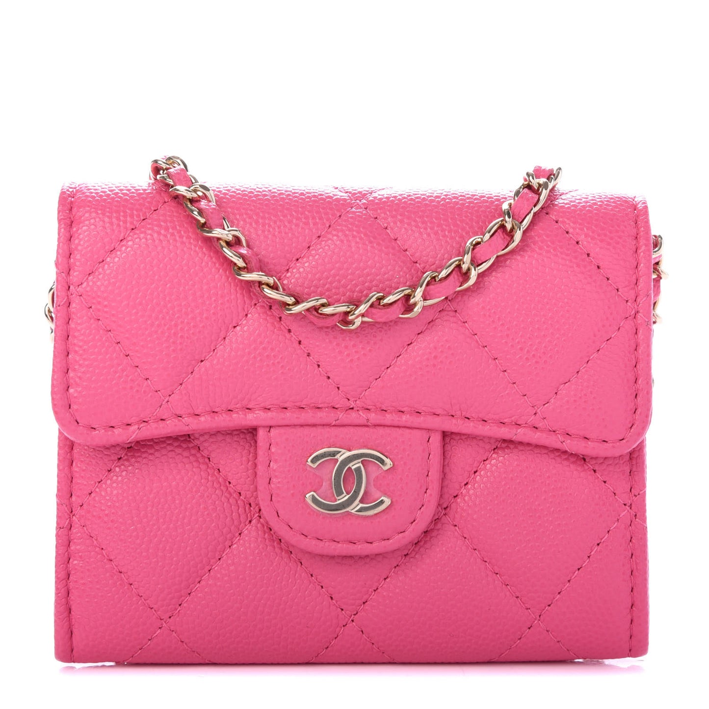 Caviar Quilted Flap Card Holder On Chain Pink