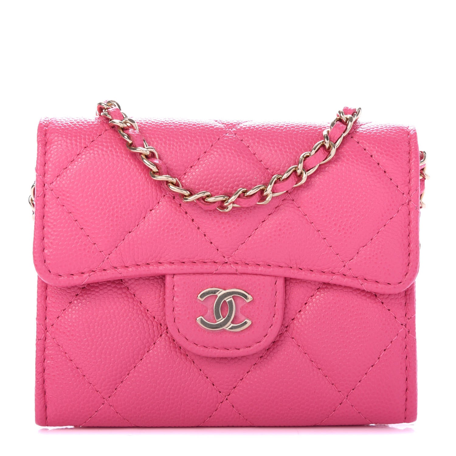 Chanel Caviar Quilted Flap Card Holder On Chain Pink 1 of 9