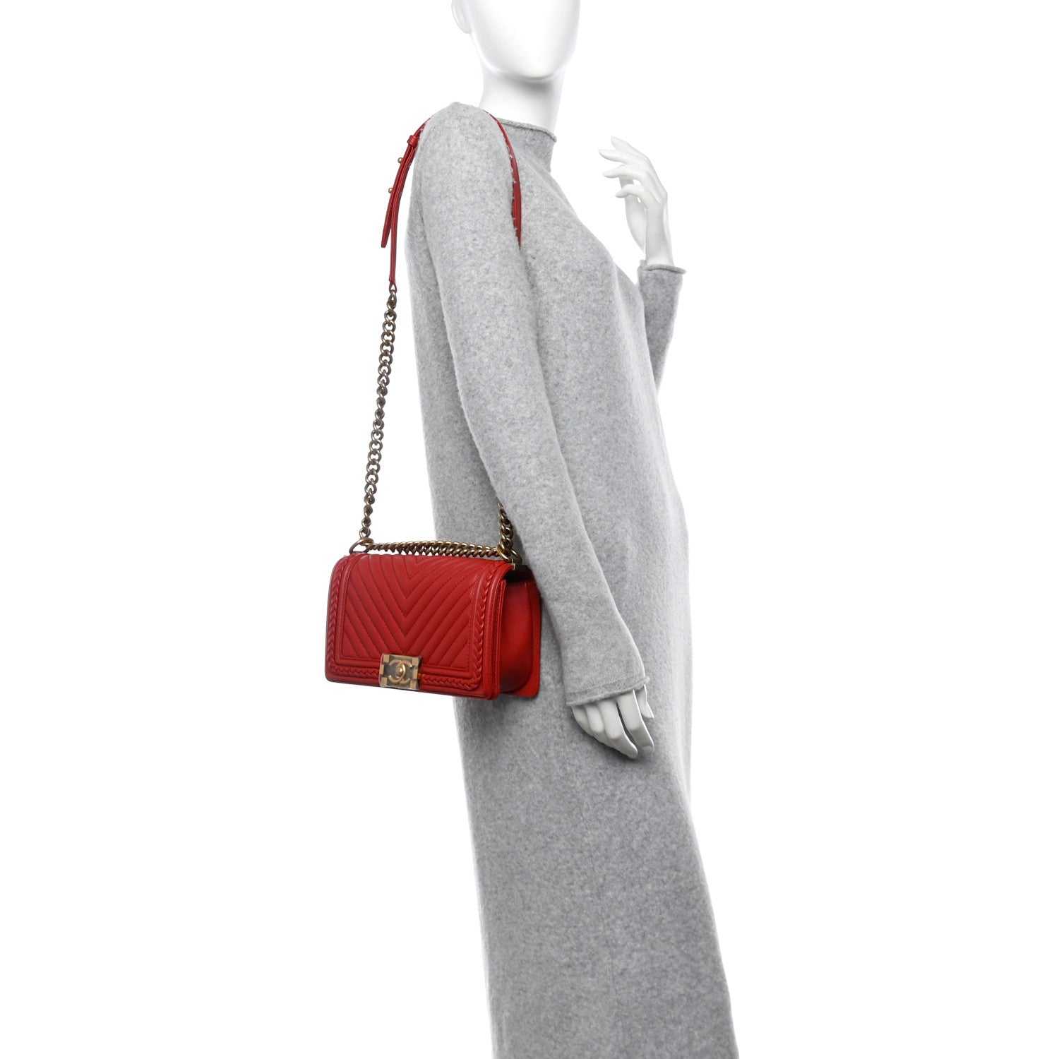 Chanel Caviar Chevron Quilted Braided Medium Boy Flap Red 2 of 10
