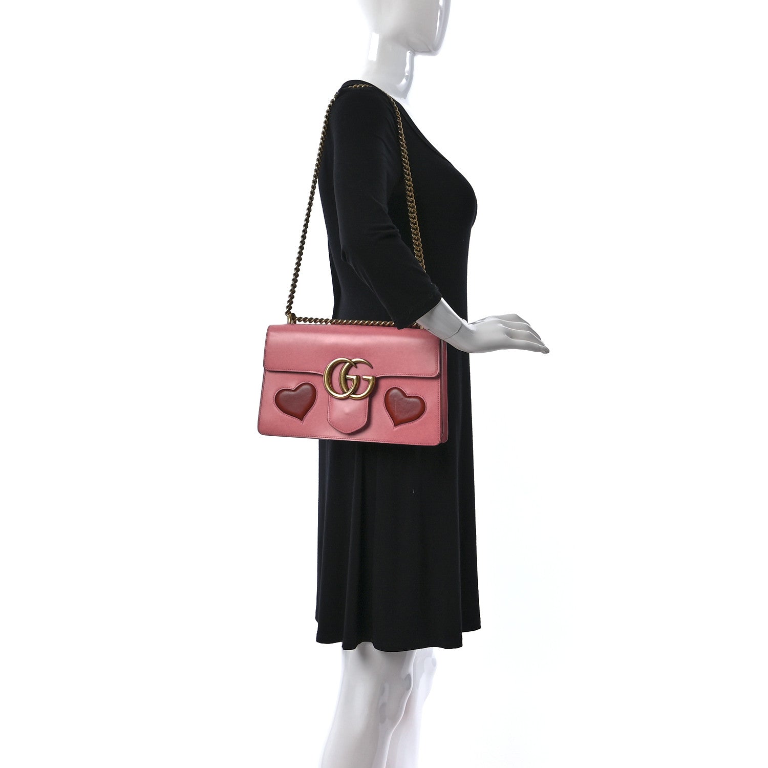 Gucci Knight Calfskin Malaga Kid Heart Medium GG Marmont Chain Handle Bag Tropical Pink Flower Hibiscus Red Multicolor 2 of 11