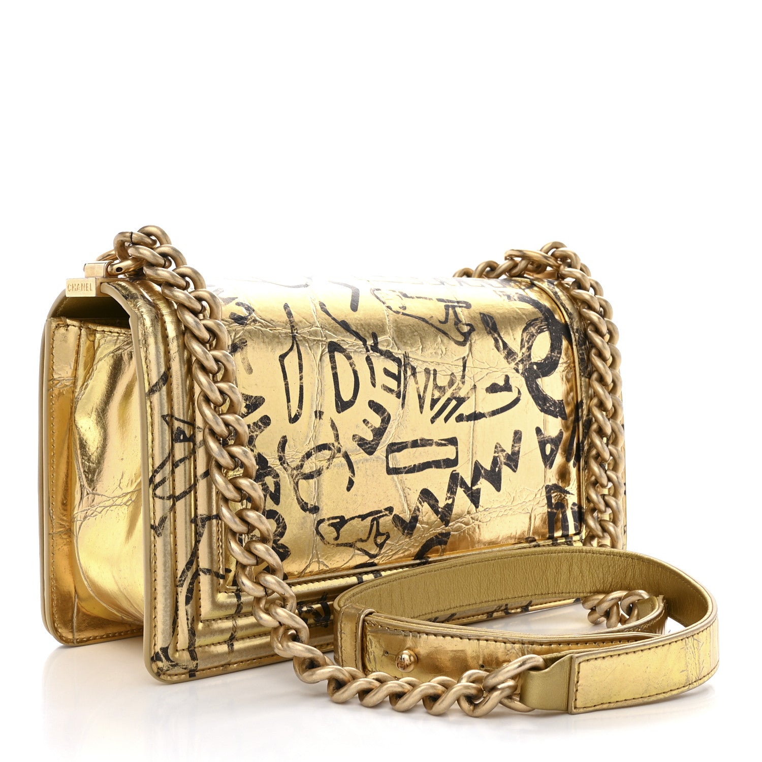 Chanel Metallic Calfskin Crocodile Embossed Graffiti Medium Cocodile Boy Flap Gold 3 of 10