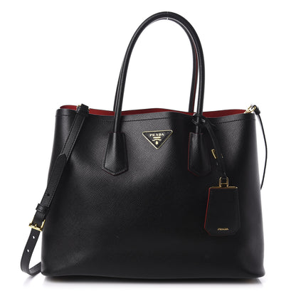 Prada Saffiano Cuir Medium Double Bag Black Fuoco 1 of 10