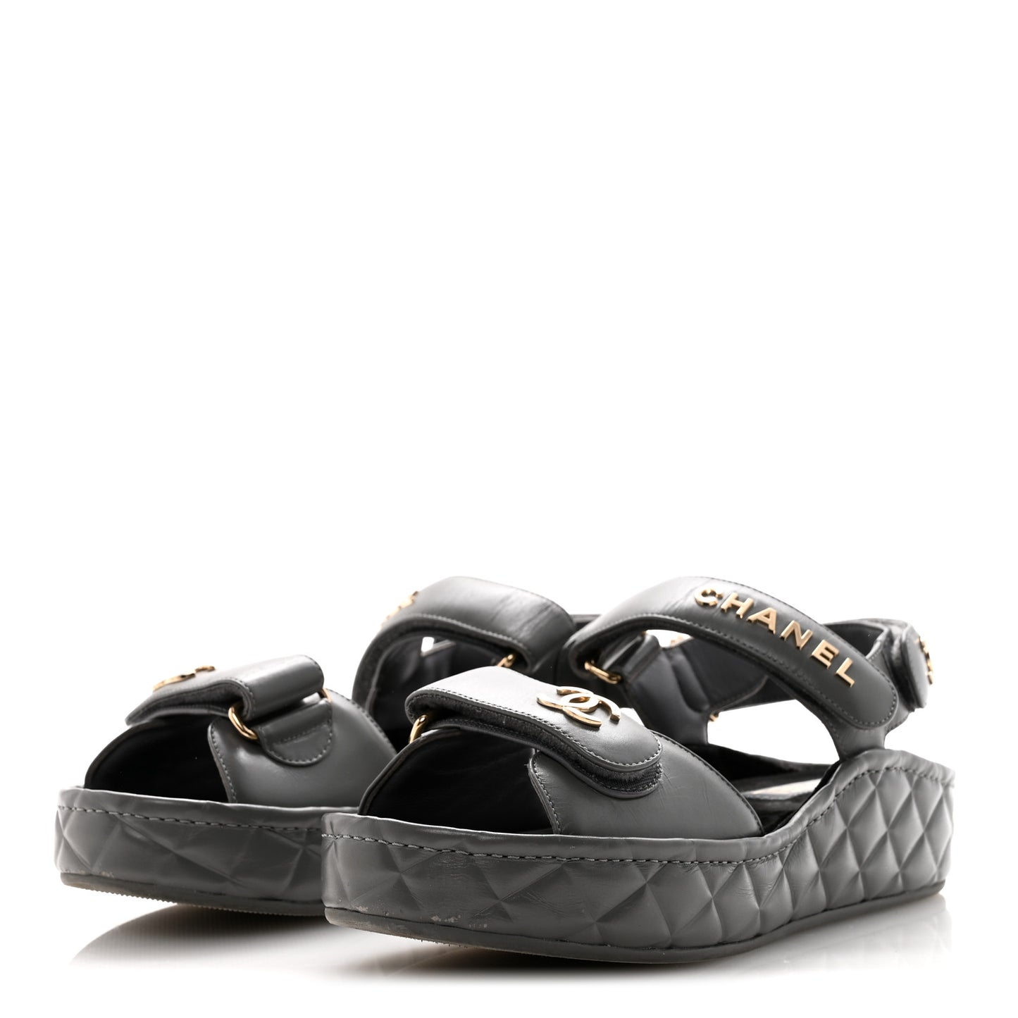 Shiny Calfskin Logo Platform Sandals 37 Grey