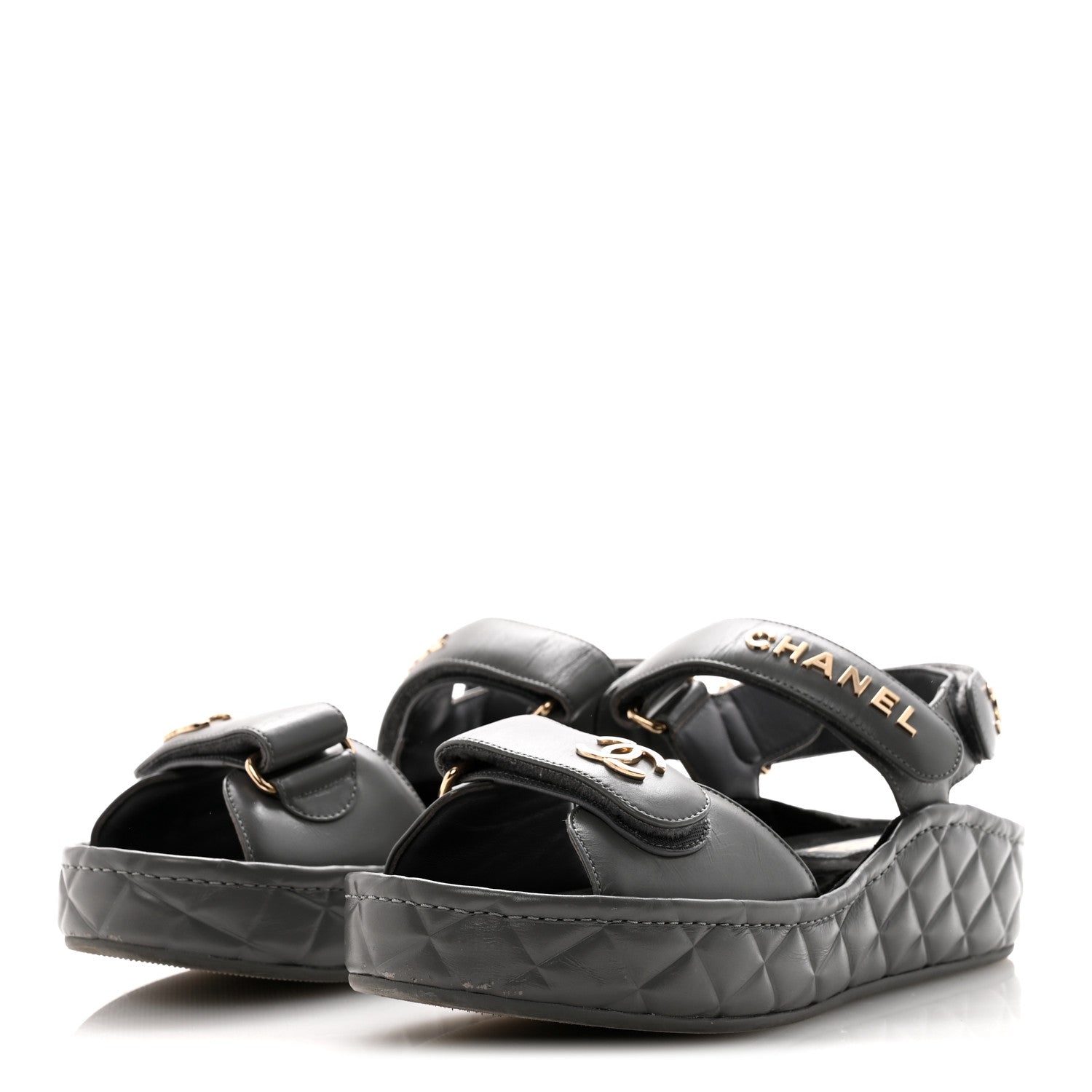 Chanel Shiny Calfskin Logo Platform Sandals 37 Grey 4 of 10