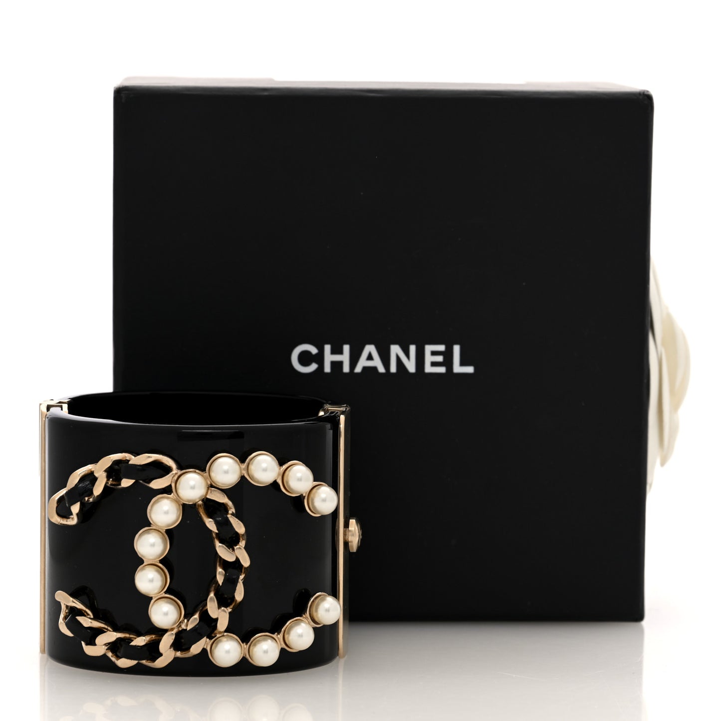 Resin Pearl Lambskin CC Cuff Bracelet Black Black Gold
