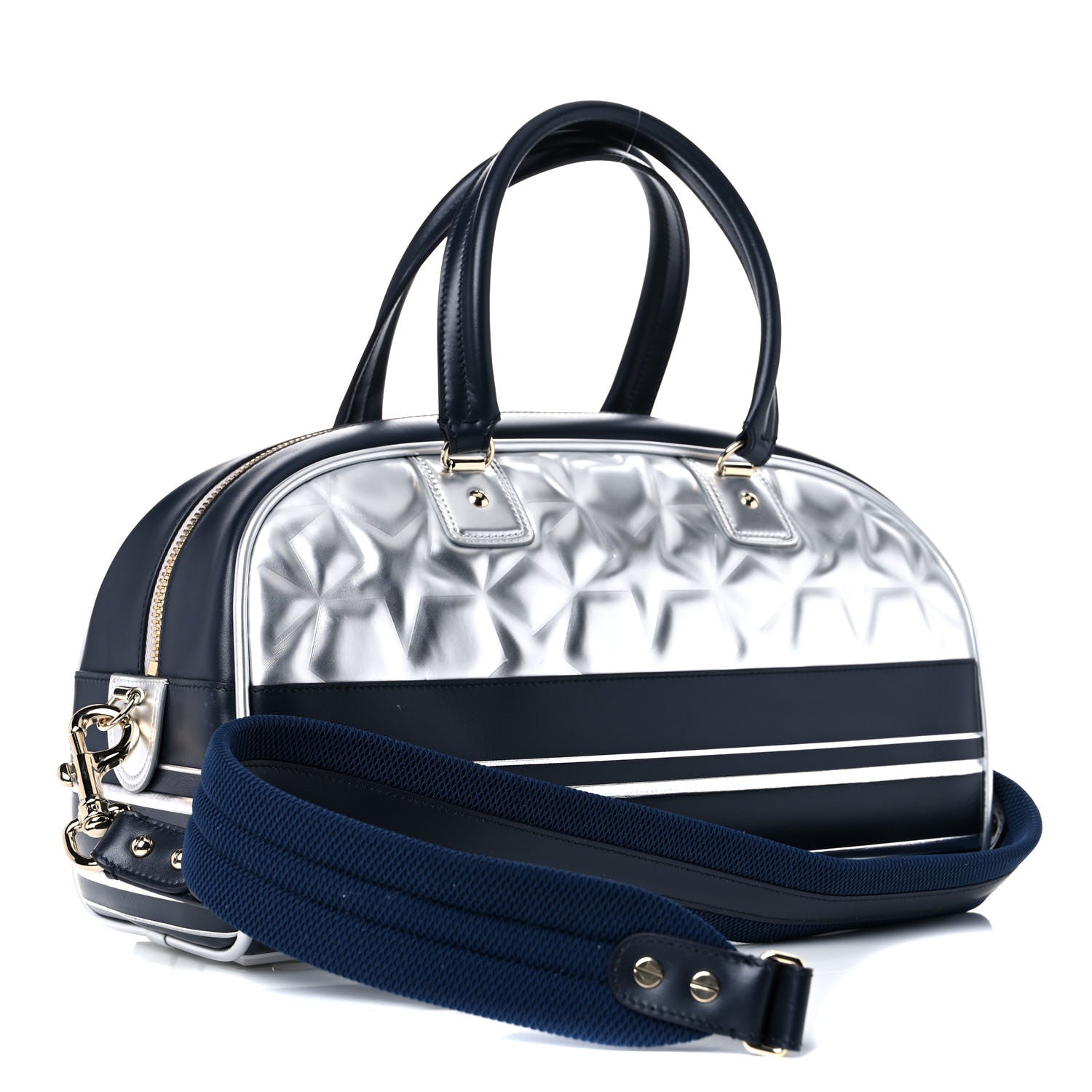 Christian Dior Padded Étoile Calfskin Embossed Medium Dior Vibe Zip Bowling Bag Silver Black 3 of 10