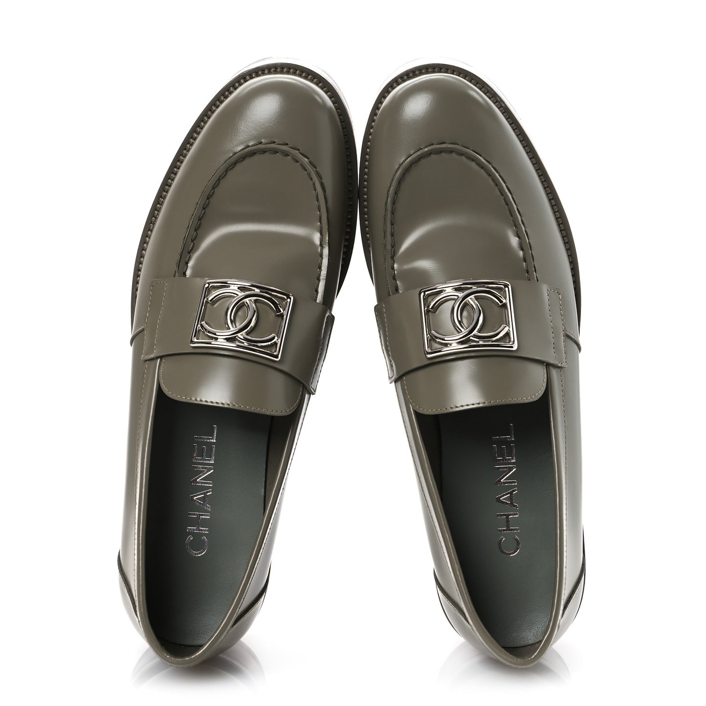 Calfskin Metal CC Loafers 40 Khaki