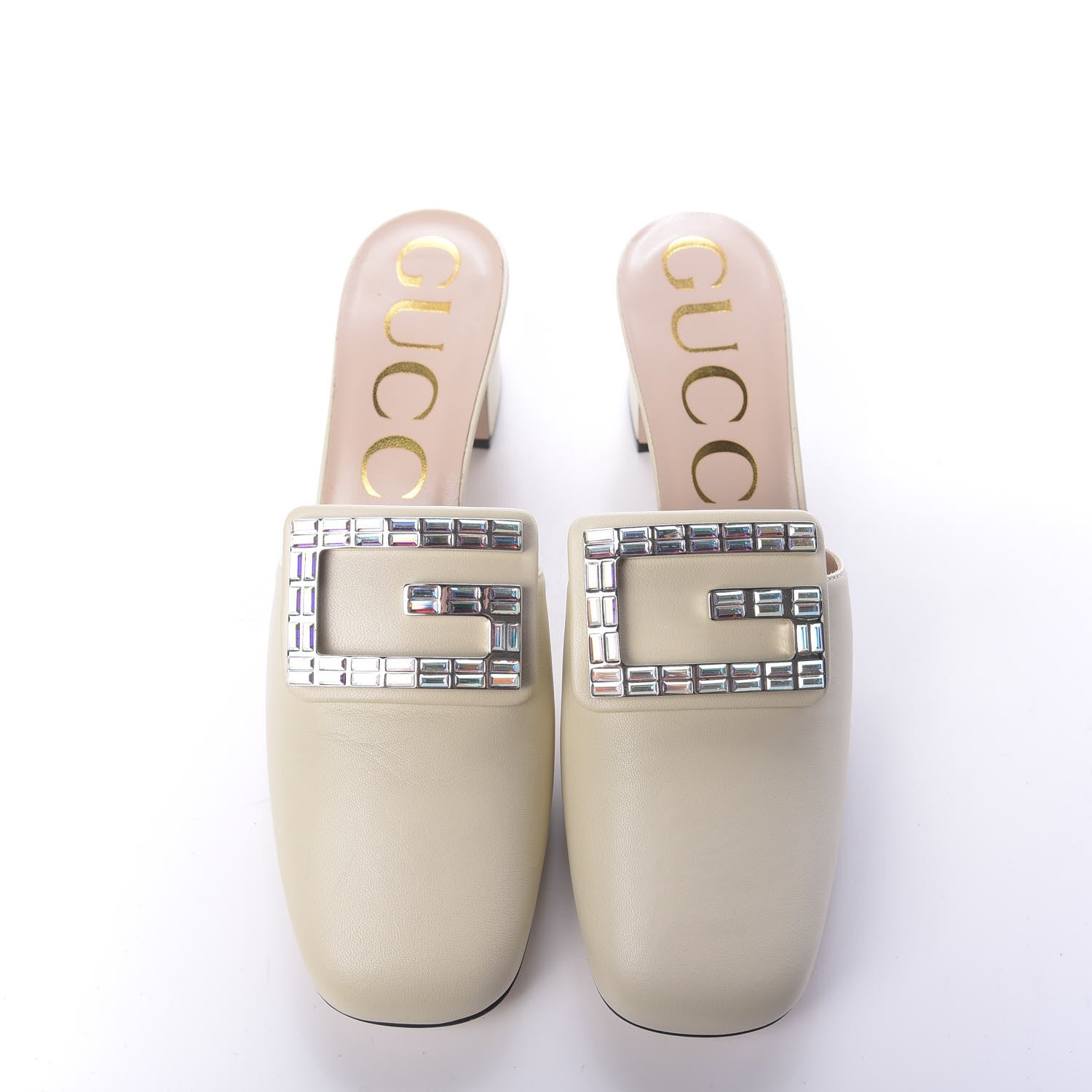 Gucci Malaga Kid Crystal Square G Madelyn Mules 38 Vintage White 5 of 12