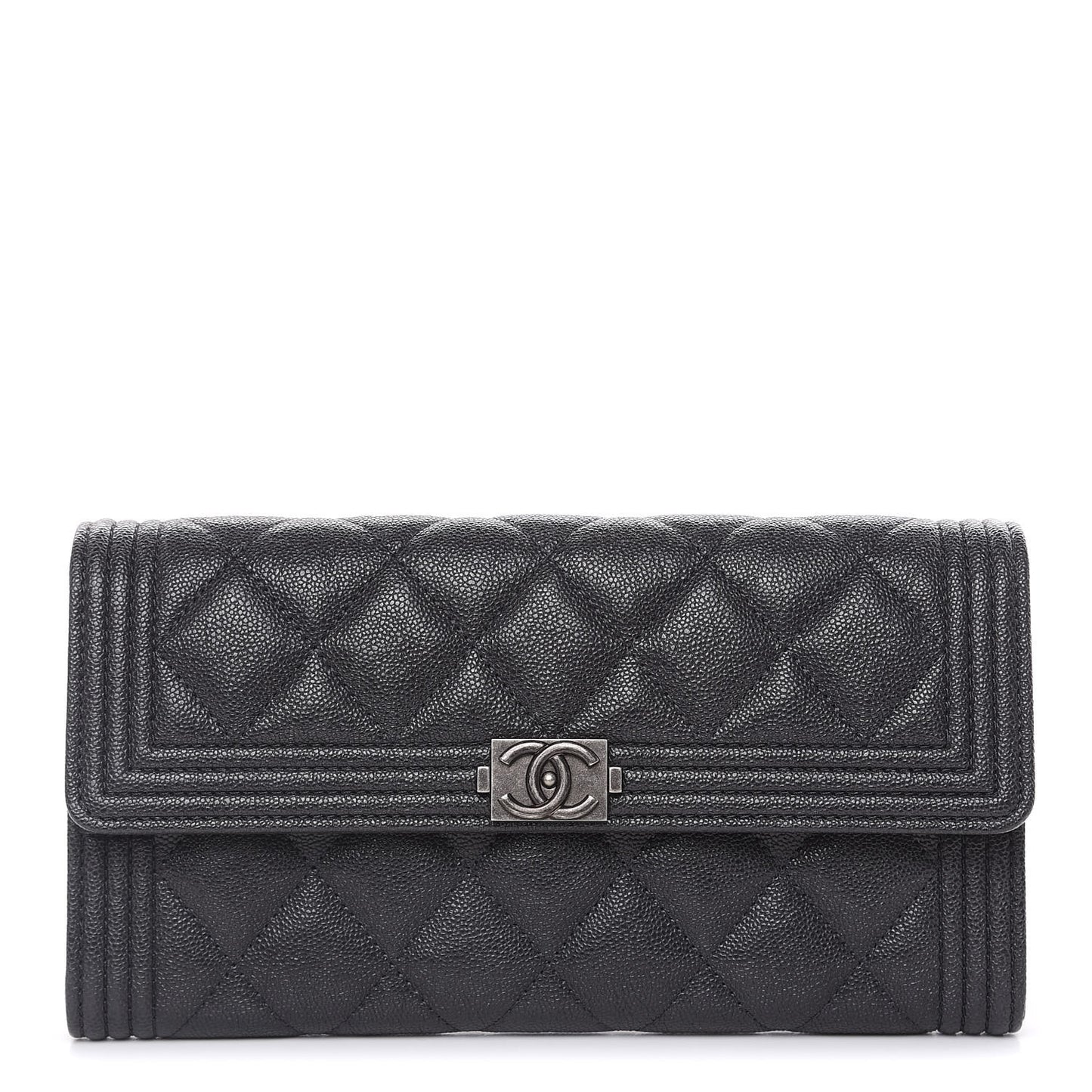 Caviar Quilted Large Boy Gusset Flap Wallet Charcoal