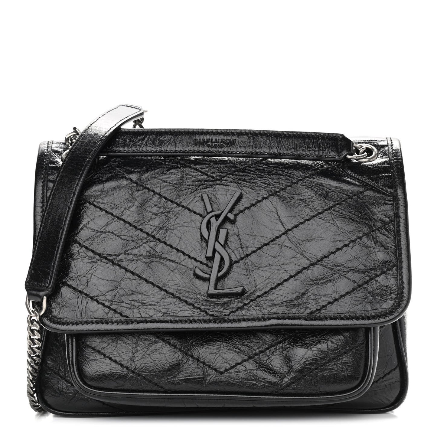 Crinkled Calfskin Matelasse Monogram Baby Niki Chain Satchel Black