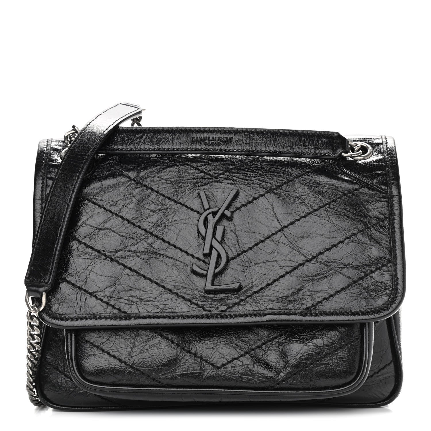 Saint Laurent Crinkled Calfskin Matelasse Monogram Baby Niki Chain Satchel Black 1 of 11