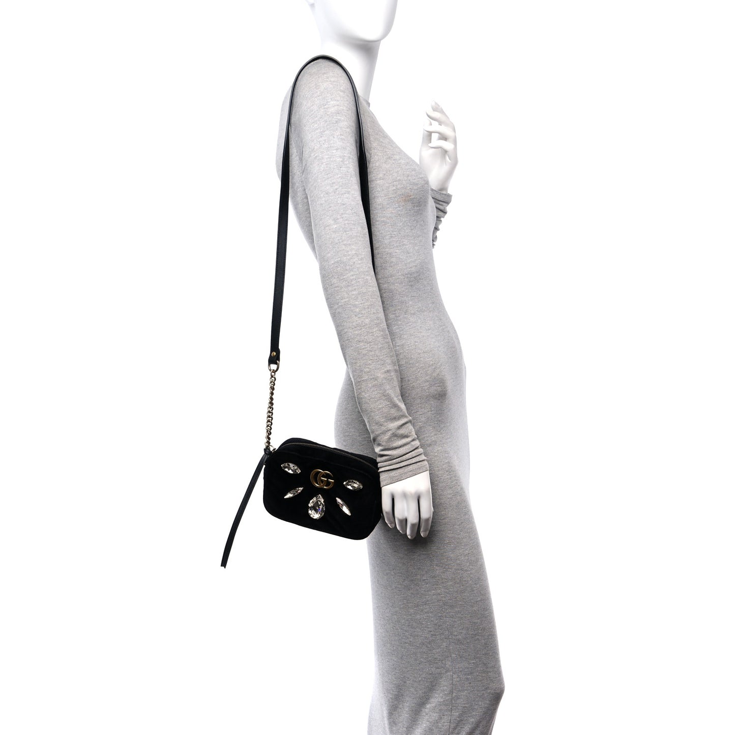 Velvet Matelasse Marquise Crystals Mini GG Marmont Chain Shoulder Bag Black