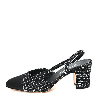 Chanel Tweed Grosgrain Cap Toe CC Slingback Pumps 38.5 Black White 1 of 10