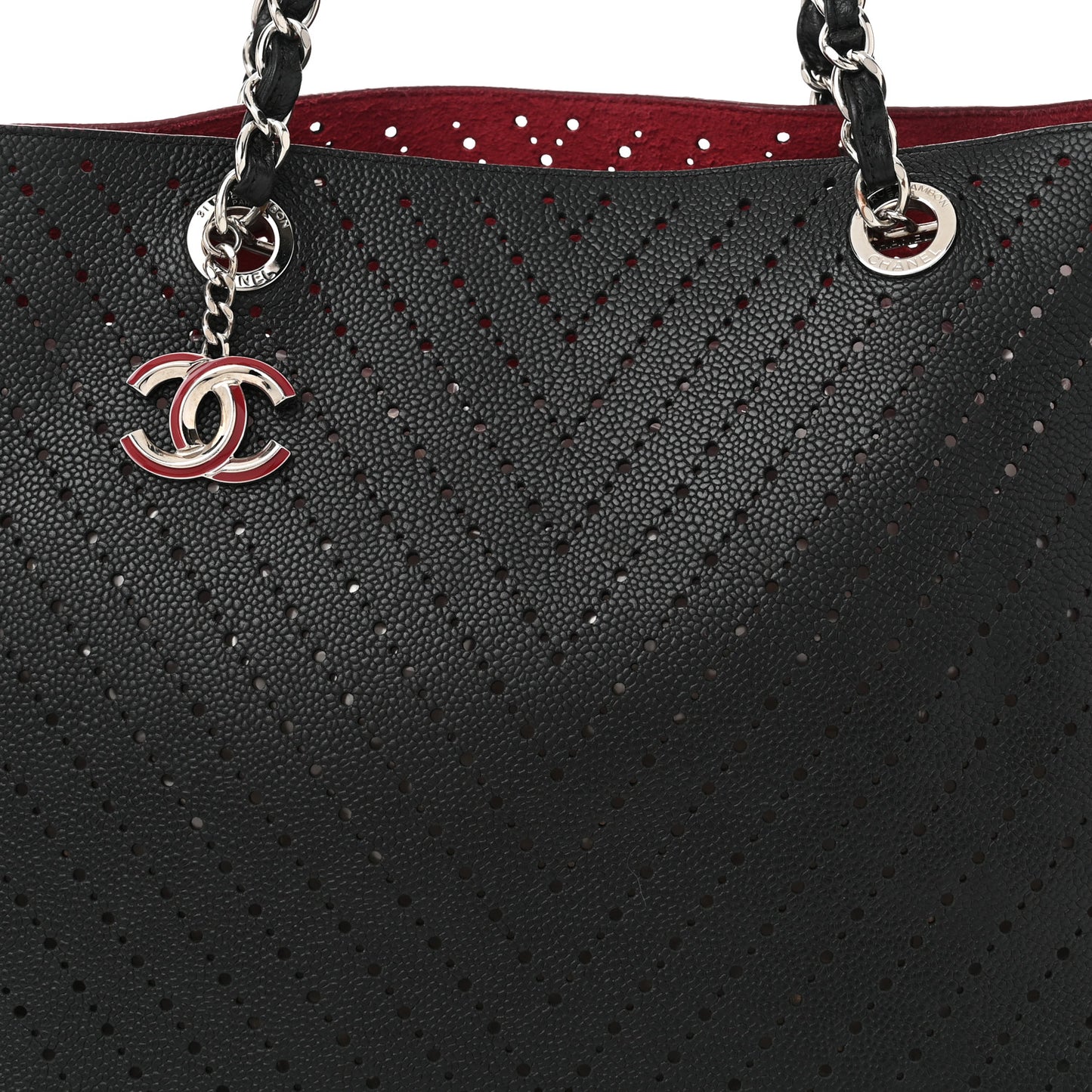 Perforated Grained Calfskin Large Shopping Tote Black