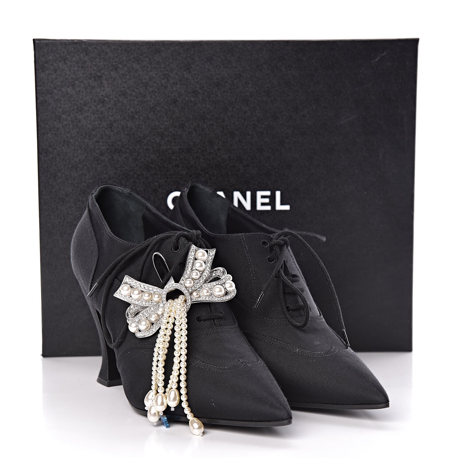 Chanel Grosgrain Pearl Bow CC Oxford Lace Up Booties 37.5 Black 10 of 10