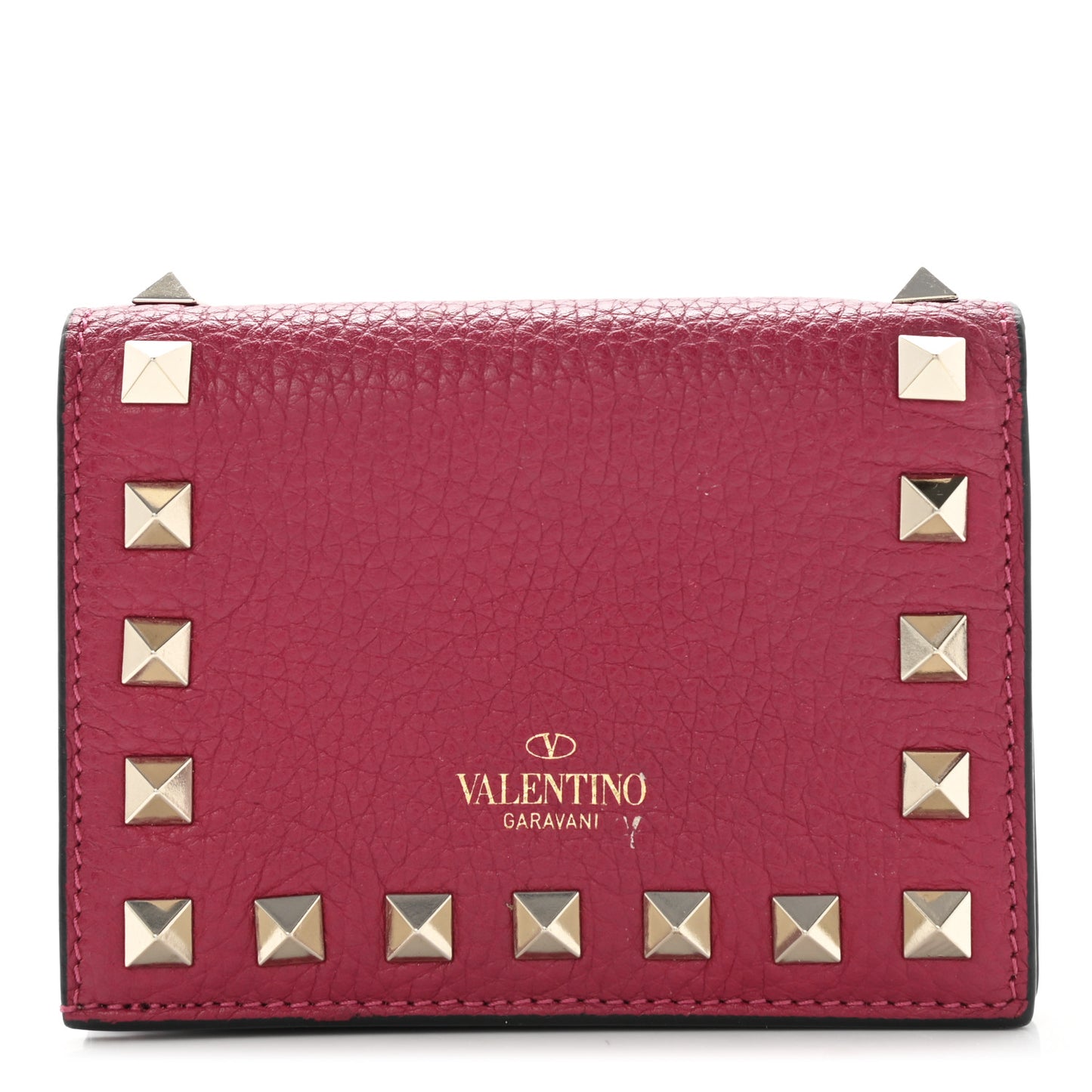 Pebbled Calfskin Rockstud Bi-Fold Card Holder Raspberry
