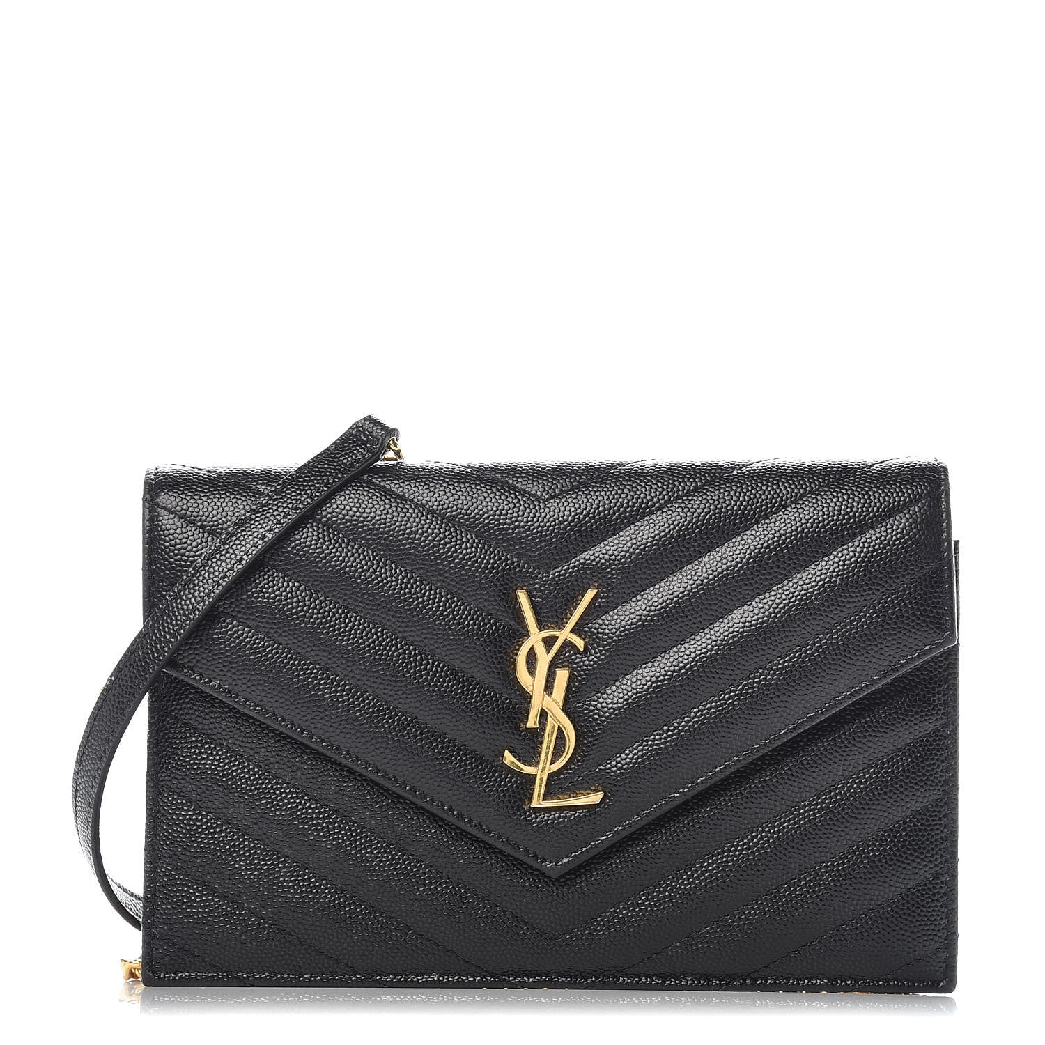 Saint Laurent Grain De Poudre Matelasse Chevron Monogram Envelope Chain Wallet Black 1 of 10