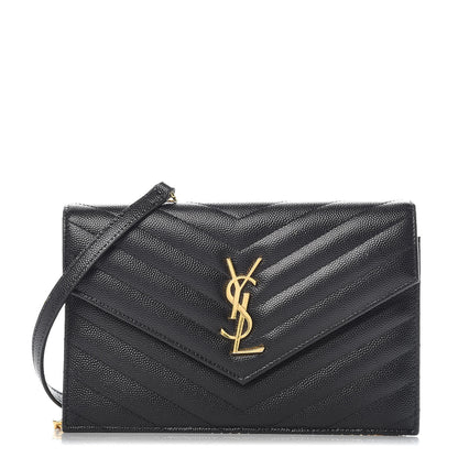 Saint Laurent Grain De Poudre Matelasse Chevron Monogram Envelope Chain Wallet Black 1 of 10