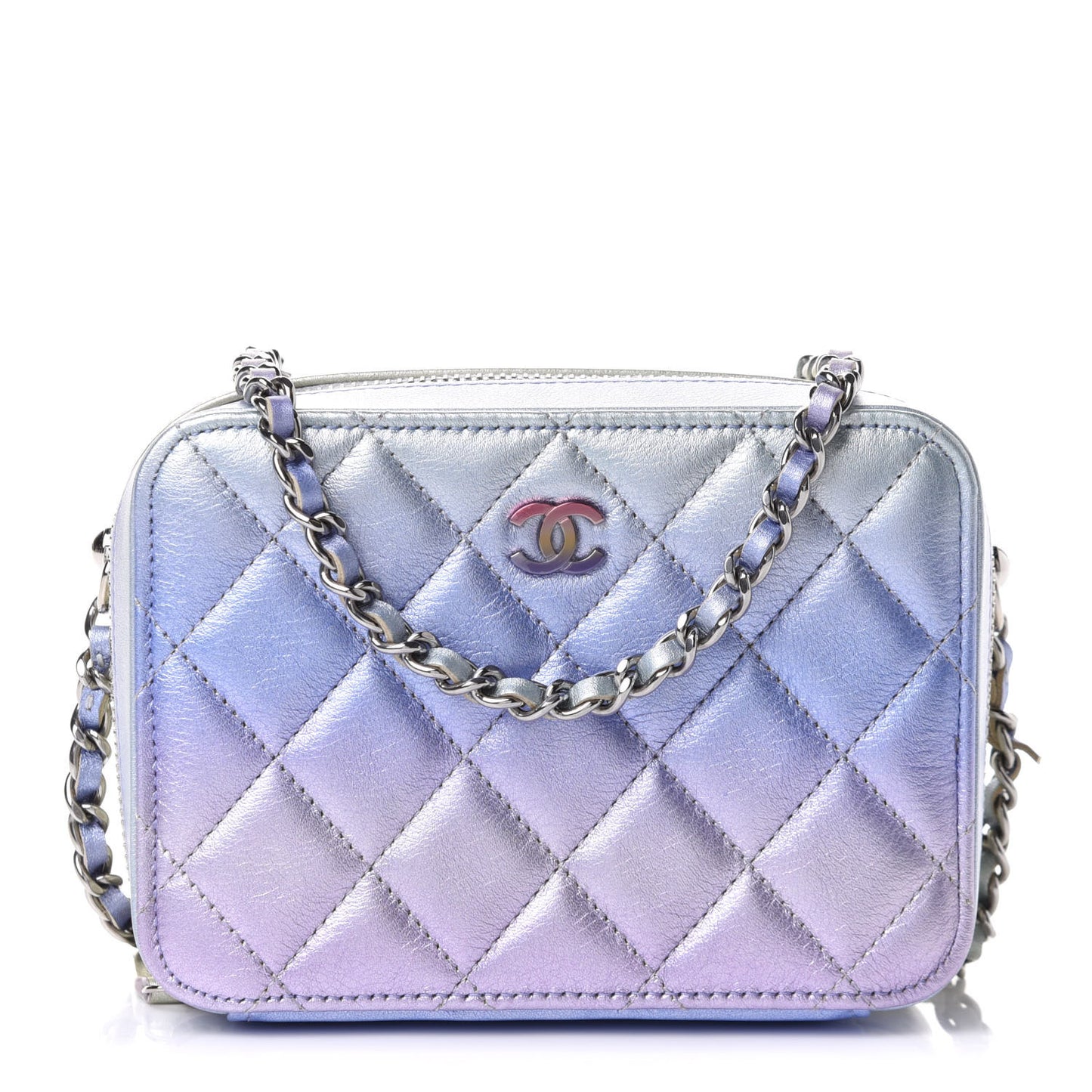 Gradient Metallic Calfskin Quilted Camera Bag Silver Blue Yellow Purple