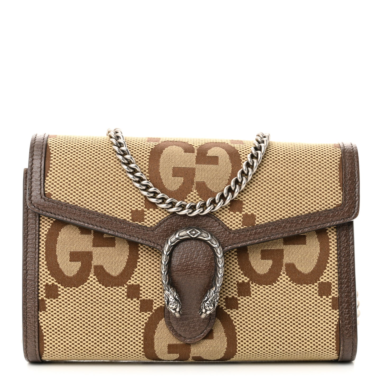 Monogram Jumbo GG Textured Dollar Calfskin Mini Dionysus Chain Wallet Camel Ebony New Acero