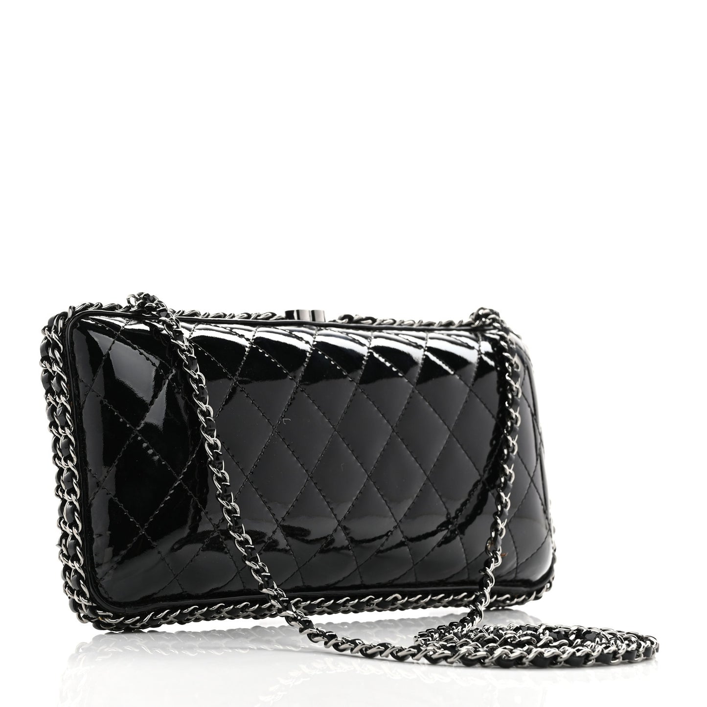 Patent Quilted Chain Around Clutch Black