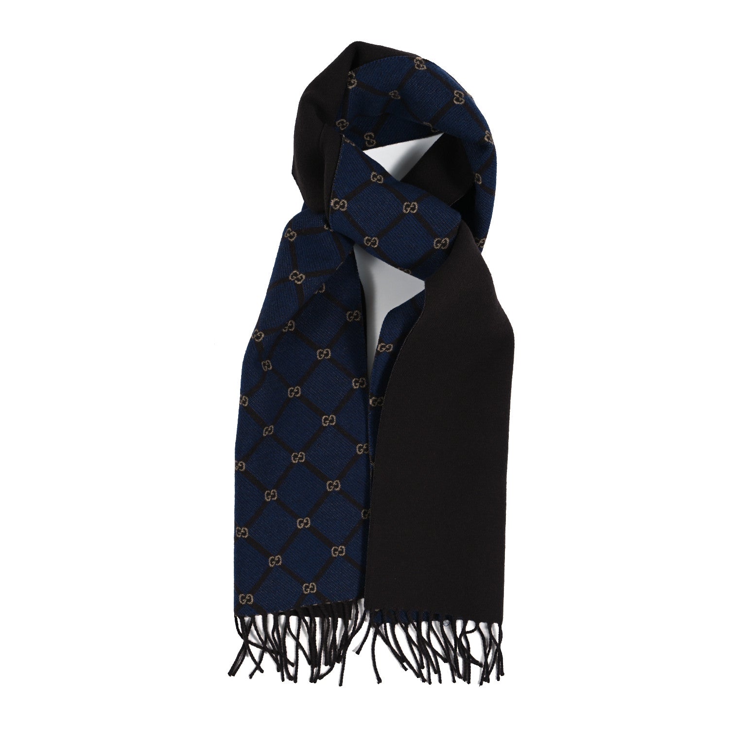 Gucci Wool Silk Monogram GG Scarf Navy Brown 1 of 4