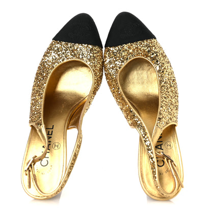 Chanel Glitter Grosgrain Cap Toe CC Slingback Pumps 38 Gold Black 2 of 13