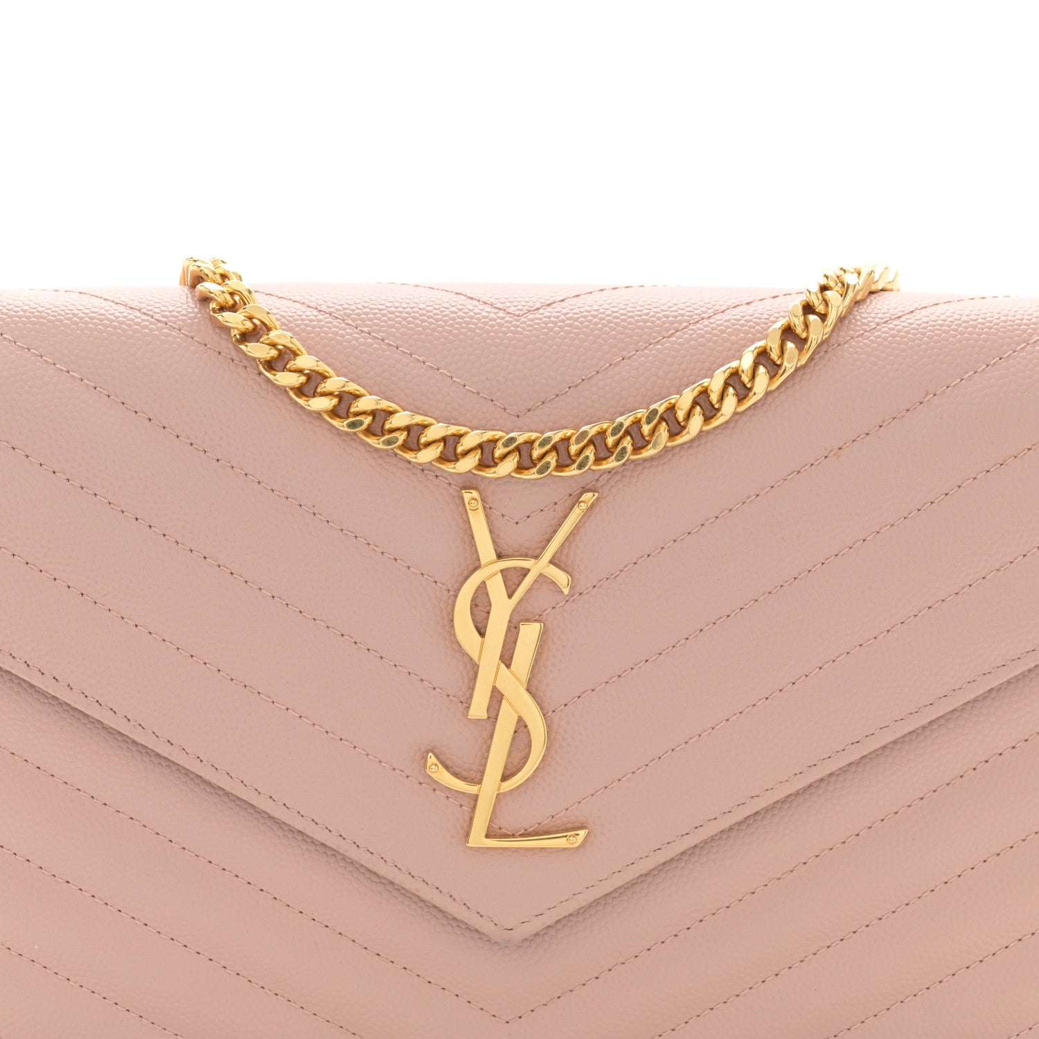 Saint Laurent Grain De Poudre Matelasse Chevron Monogram Chain Wallet Pale Blush 8 of 12